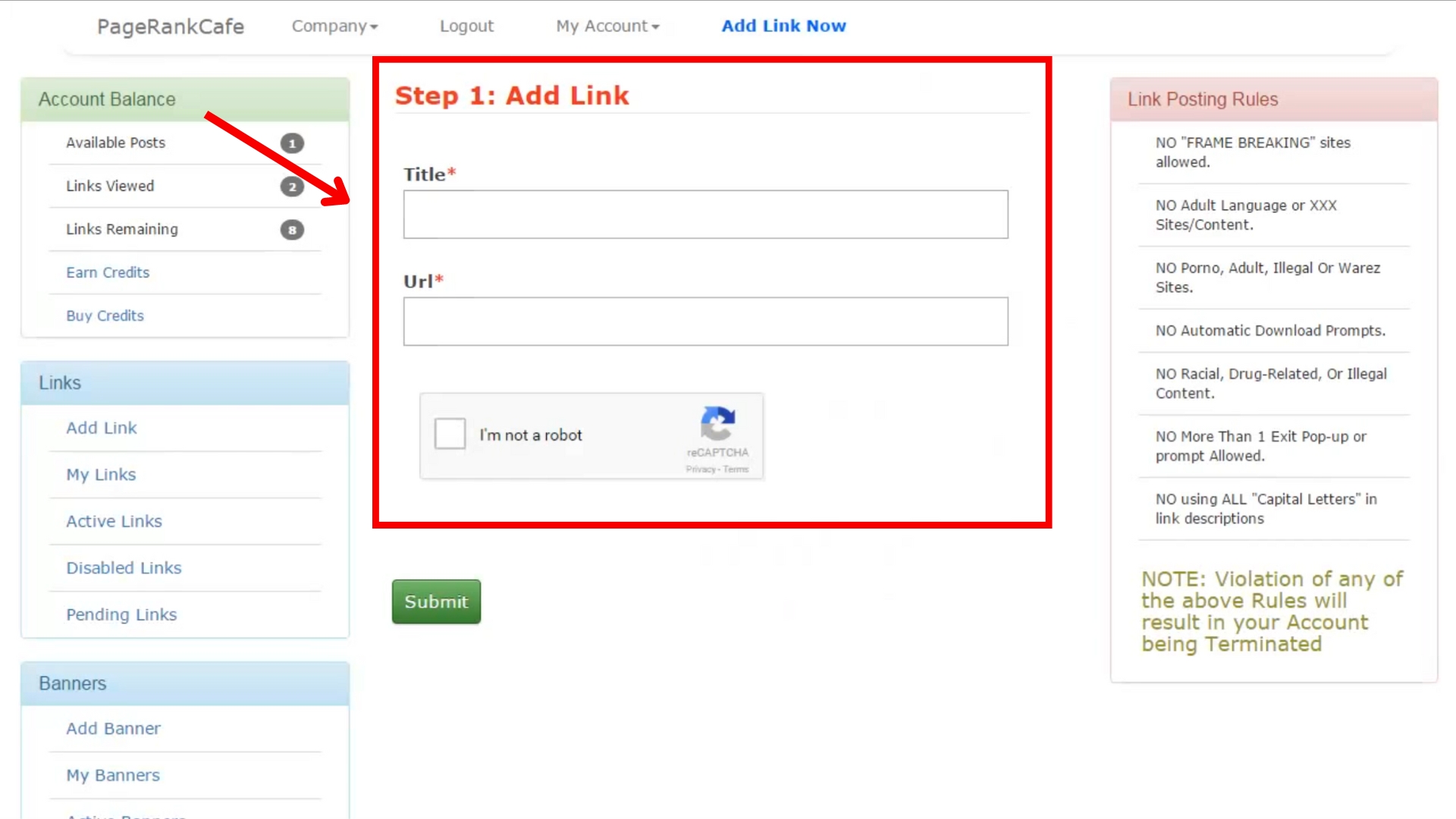 A screenshot of the Add Link Page